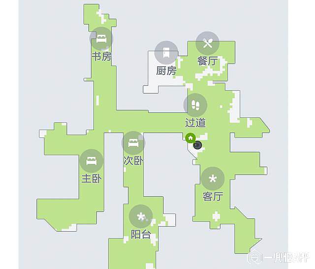 扫地机器人识别清扫地图,绿色部分为已清扫位置.