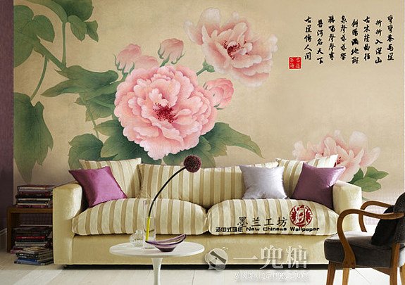 【图】[新中式客厅装修效果图]盛世牡丹墙纸大