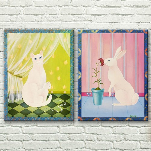 贵宾猫公主兔 无框画 帆布画 装饰画,绿色北欧宜
