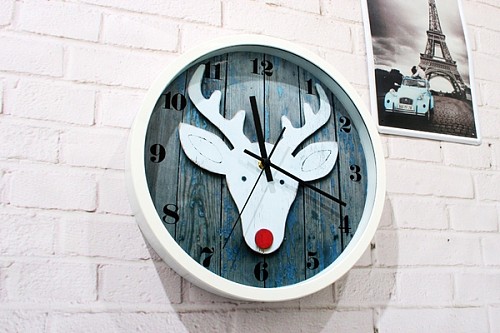 田园复古风 木头白鹿挂钟 乡村小鹿时钟表 墙面