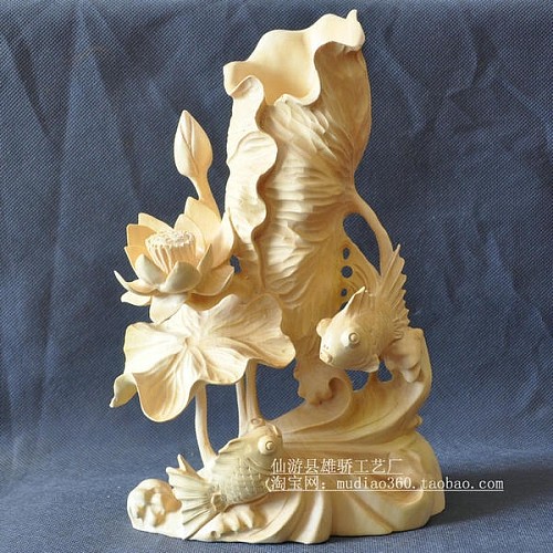 木雕笔筒 黄杨木工艺品 荷叶金鱼工艺品 简单漂