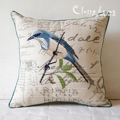 美式乡村田园天然亚麻刺绣花鸟靠垫抱枕(含芯