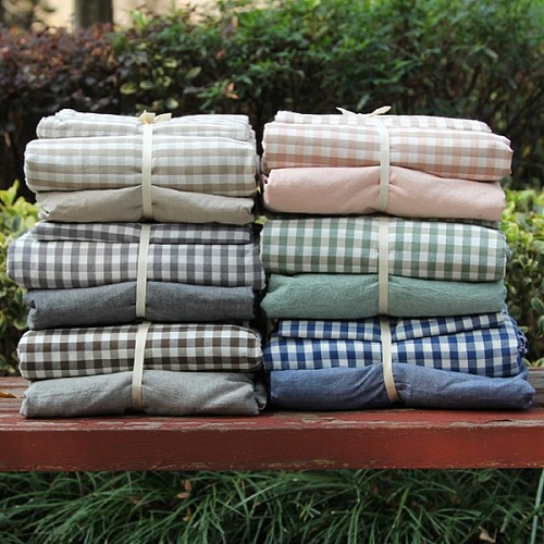 原生活良品 水洗棉格子四件套被套枕套床笠床