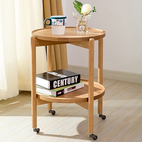 北欧创意圆茶几边几双层储物带滚轮小茶几宜家
