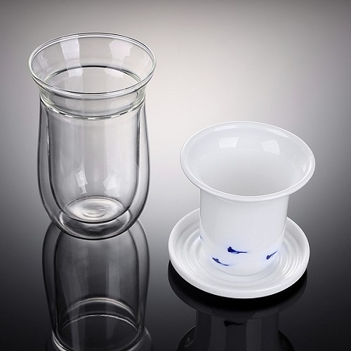 哲品茶具陶瓷茶漏过滤杯 耐热玻璃鱼趣手绘青